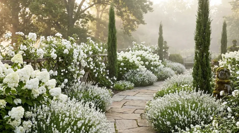 Panorámica Jardín Romántico Con Floraciones En Blanco Camino Ondulado Y Cipreses Como Elemento Estructural El Jardín Blanco Arquitectura De La Luz Y El Contraste