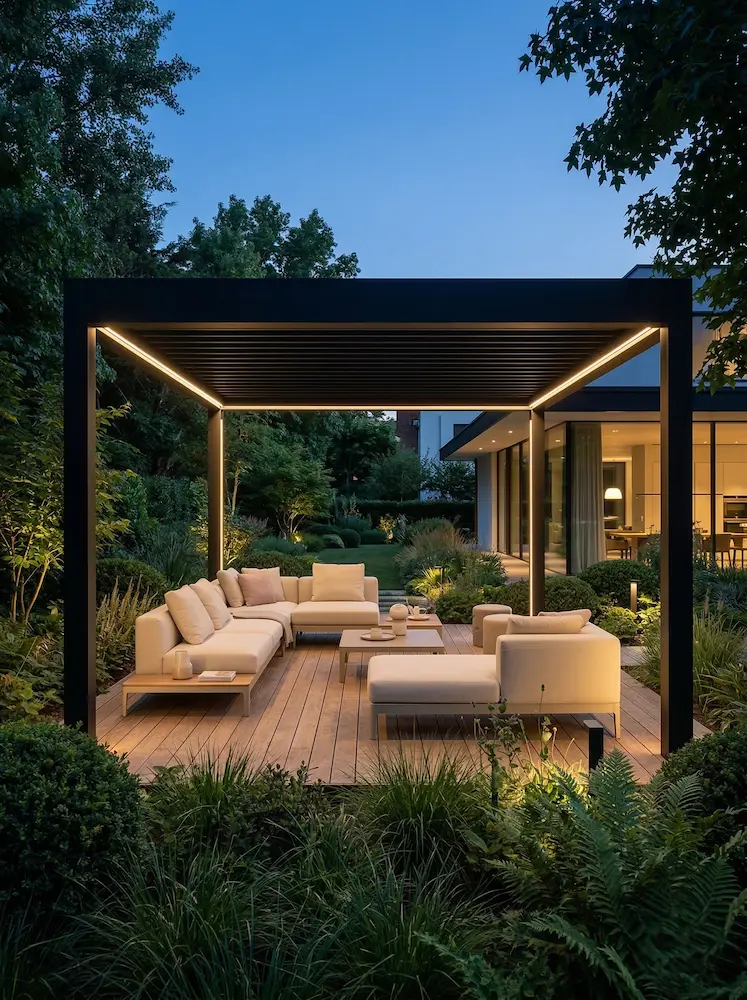 pergola moderna con techo lamas iluminada integrada en jardín | jardinesconestiloes Pergola Moderna Con Techo Lamas Iluminada Integrada En Jardín El Paisajista Arquitectura Y Diseño Para Elevar El Valor Del Jardín
