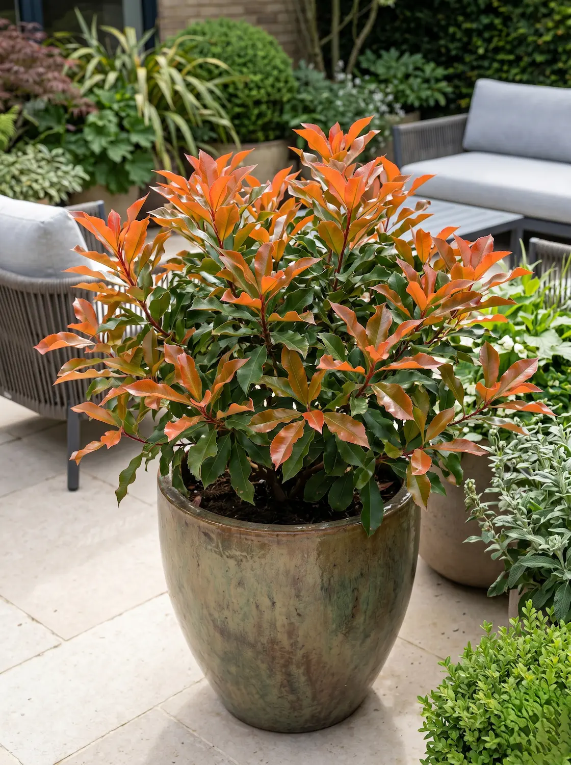 Photinia Vulcano Fotinias photinia X Fraseri Guía De Variedades Para Un Diseño De Excelencia'Magical Volcano') cultivada en una maceta artesanal, una composición vegetal que aporta textura y un estándar profesional a la terraza.