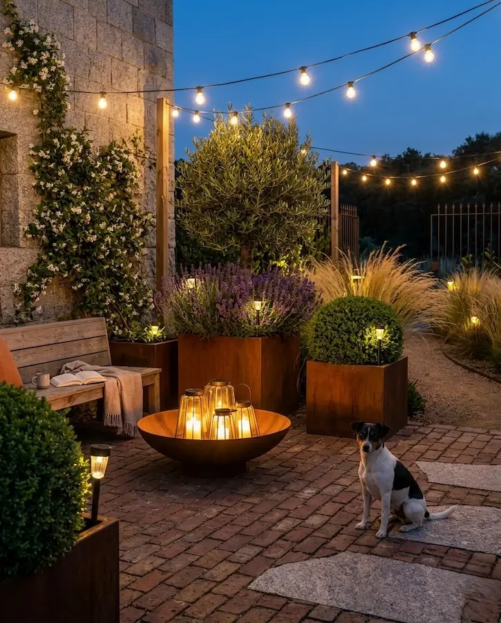rincon con macetas corten noche con perro1 | jardinesconestiloes Rincon Con Macetas Corten Noche Con Perro1 Transformación Del Exterior El Valor Del Diseño Cuidado