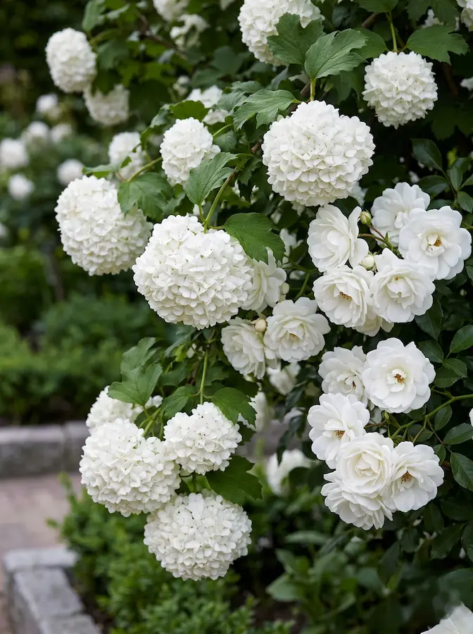 Rosa Iceberg Con Viburnum Opulus Detalle El Jardín Blanco Arquitectura De La Luz Y El Contraste