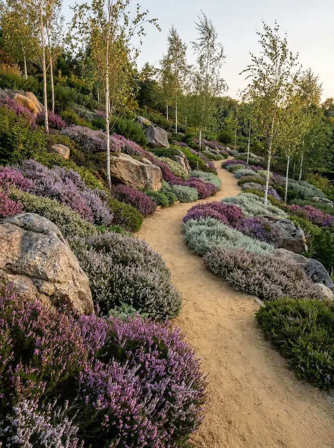 sendero serrano brezos en los taludes con abedules | jardinesconestiloes Sendero Serrano Brezos En Los Taludes Con Abedules Brezos La Elgancia De Un Tapiz En La Sierra