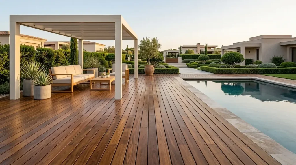 tarima alrededor de piscina con pérgola cuadrada balnca | jardinesconestiloes Tarima Alrededor De Piscina Con Pérgola Cuadrada Balnca Madera En El Exterior Guía Técnica Para Suelos Revestimientos Y Pérgolas