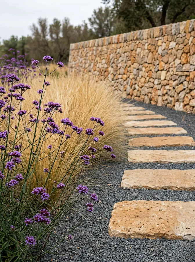 Verbena Bonaerensis Primer Plano Con Stipas Fondo Muro De Piedra Caliza Mallorca La Piedra Caliza En El Paisajismo Balear Estructura Textura E Integración