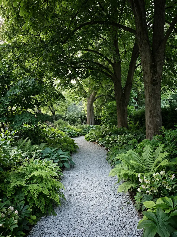 zona de sombra con sendero de grava flanqueado por plantas | jardinesconestiloes Zona De Sombra Con Sendero De Grava Flanqueado Por Plantas El Jardín De Sombras La Arquitectura De La Luz Parsimoniosa