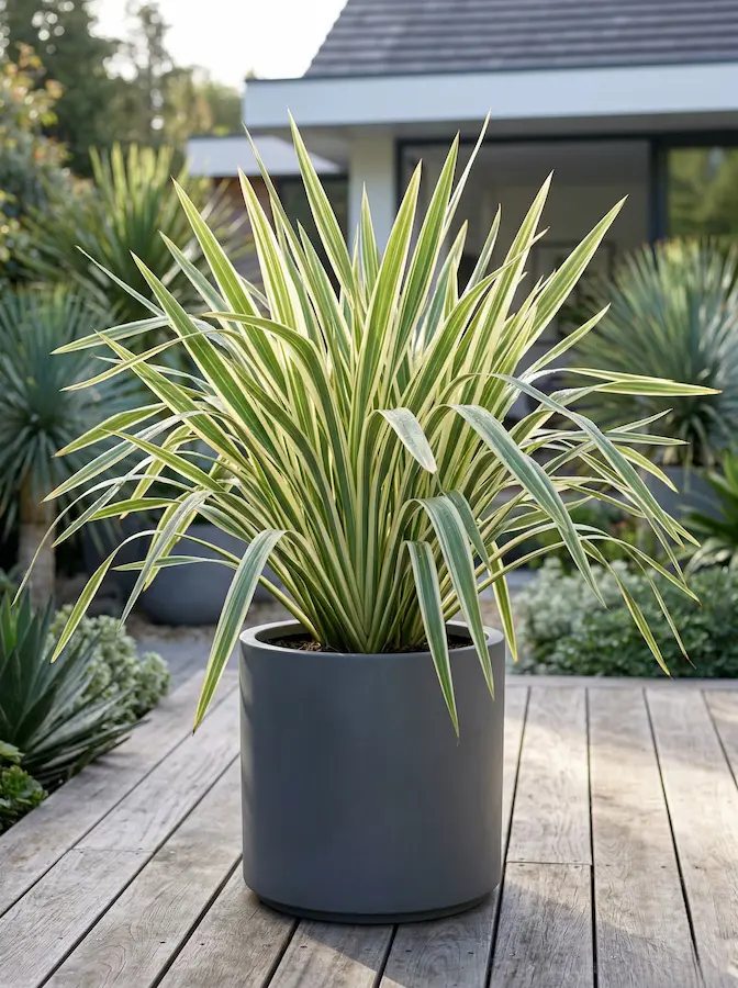 Cordyline Torbay Dazzler variegada en macetón | jardinesconestiloes Cordyline torbay Dazzler Variegada En Macetón Cordylines La Arquitectura Del Color Y El Movimiento En El Jardín'Torbay Dazzler' variegada en macetón minimalista sobre deck de madera.