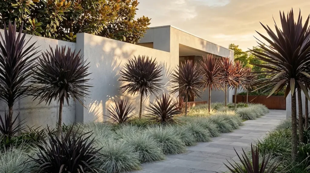Cordylines de color púrpura y bronce destacando sobre muros grises | jardinesconestiloes Cordylines De Color Púrpura Y Bronce Destacando Sobre Muros Grises Cordylines La Arquitectura Del Color Y El Movimiento En El Jardín