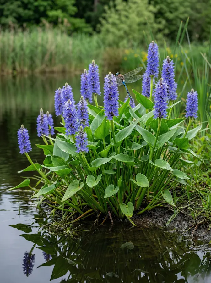 Espigas Azules De Pontederia Cordata Rodeadas De Hojas Verdes Plantas Palustres Un Elegante Abrazo En La Orilla