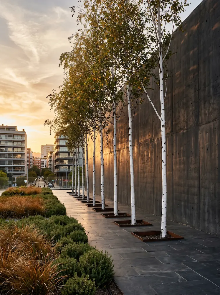 betula alineados en calle al atardecer | jardinesconestiloes Betula Alineados En Calle Al Atardecer Los Guardianes Del Horizonte La Arquitectura Arbórea En El Diseño De Exteriores
