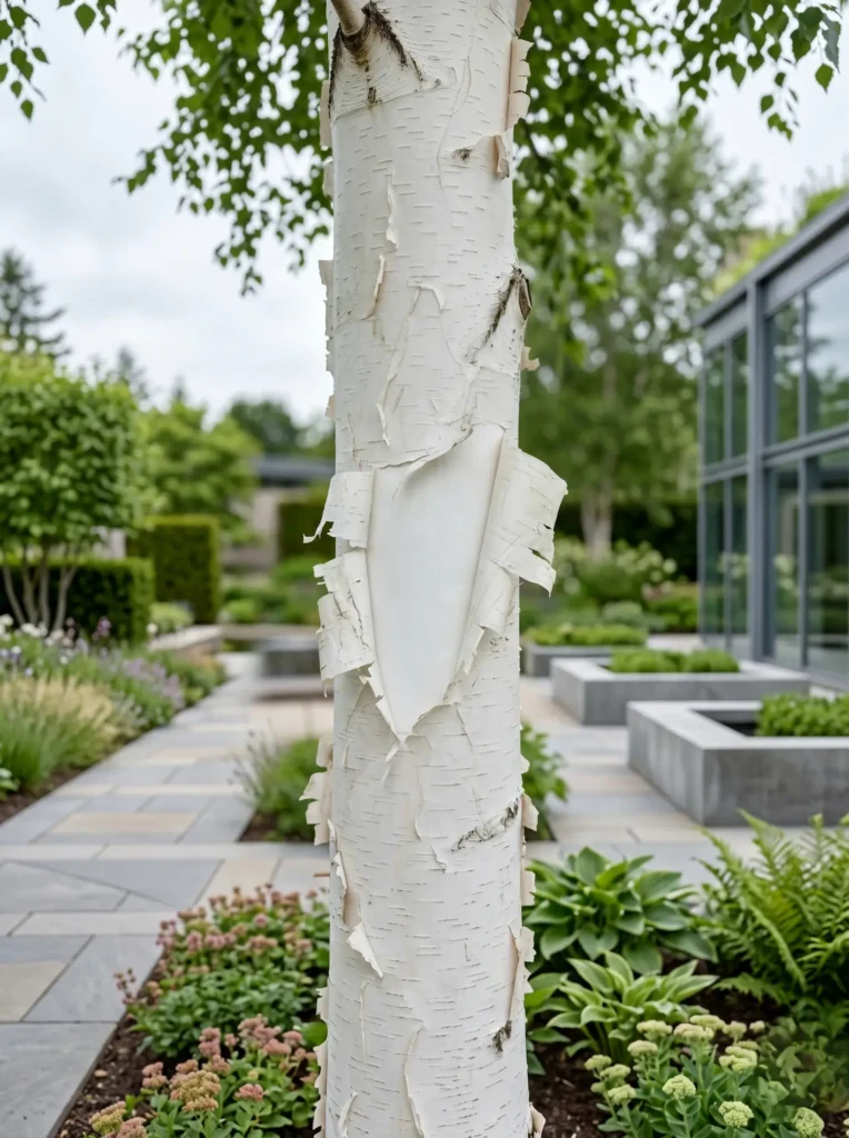Betula Doorenboss Detalle Tronco Betula Utilis doorenbos El Abedul Blanco En El Paisajismo'Doorenbos', mostrando un diseño cuidado y salud botánica.