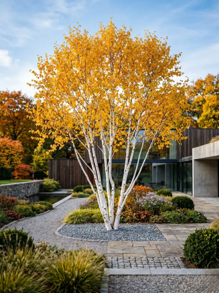 Betula Doorenboss Ficha1 Betula Utilis doorenbos El Abedul Blanco En El Paisajismo'Doorenbos' con follaje otoñal, un estándar profesional de volumen escultural.