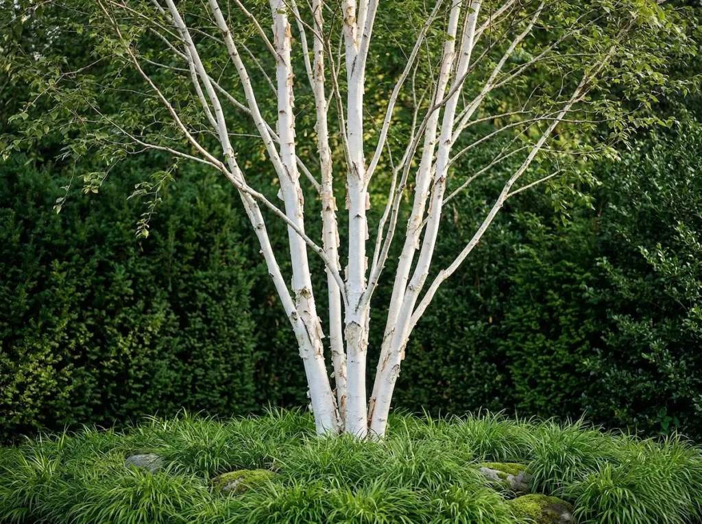 Betula Dorenboos En Jardín Betula Utilis doorenbos El Abedul Blanco En El Paisajismo'Doorenbos' en su forma multitallo completa. La imagen presenta la planta entera, mostrando su copa ligera y su estructura ascendente integrada en un jardín contemporáneo.