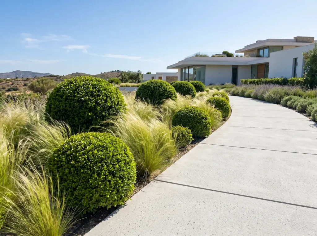 Boj Bola Con Stipa Boj Común buxus Sempervirens Arquitectura Viva Y Excelencia Geométrica