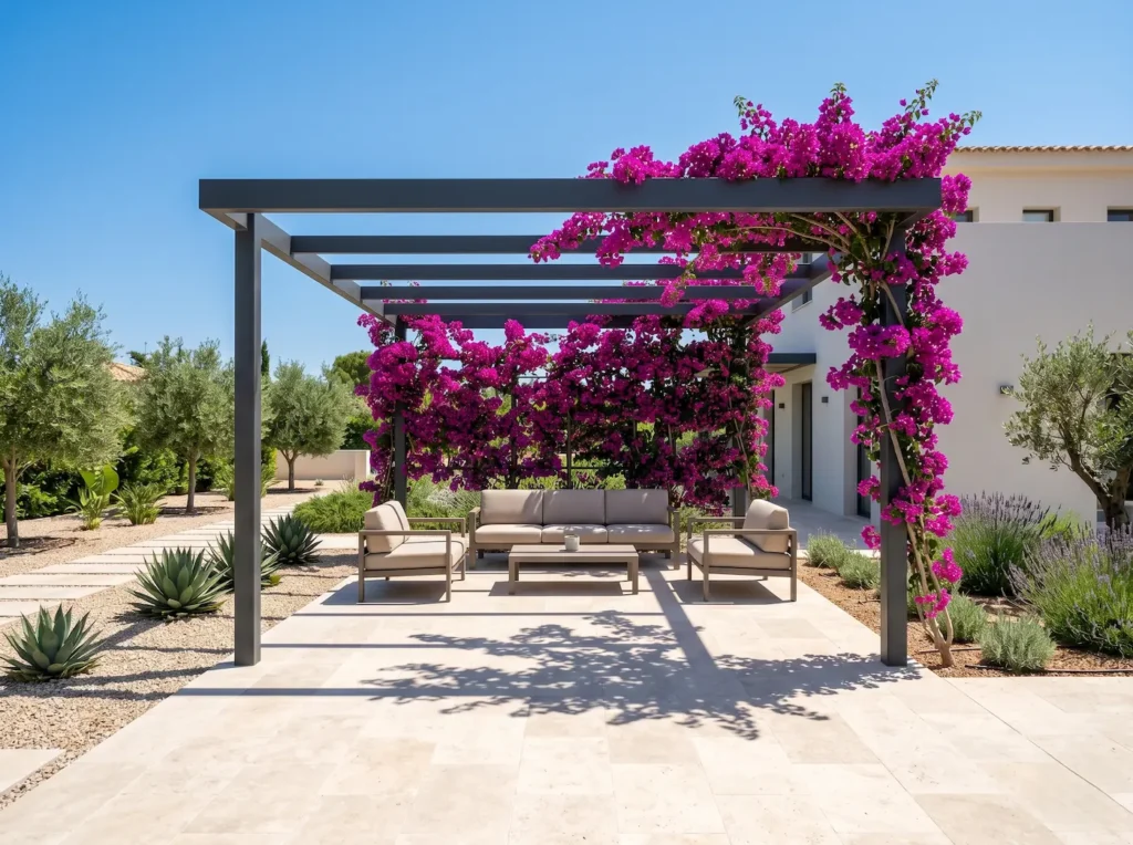 buganvilla en pergola negra jardin mediterraneo | jardinesconestiloes Buganvilla En Pergola Negra Jardin Mediterraneo El Incendio Vertical Bougainvillea