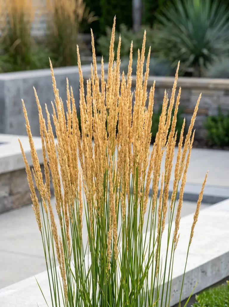 Primer plano fotográfico de las espigas doradas y rígidamente verticales de la Pluma de Karl Foerster (Calamagrostis x acutiflora), mostrando su textura arquitectónica impecable.