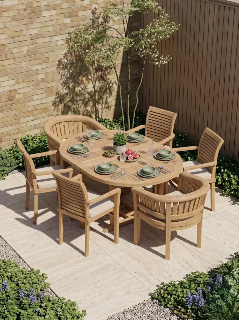 conjunto comedor mesa y sillones teca | jardinesconestiloes Conjunto Comedor Mesa Y Sillones Teca Mobiliario De Teca En La Arquitectura Del Paisaje Exterior Todo Un Clásico