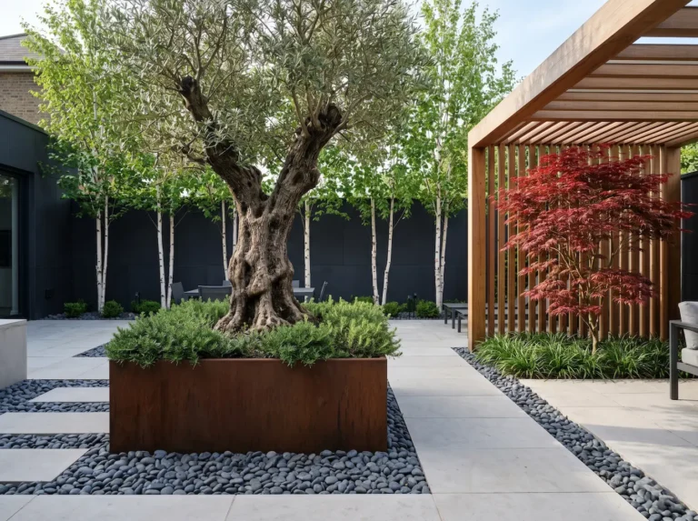conjunto jardín residencial con olivo arce japonés , abedules