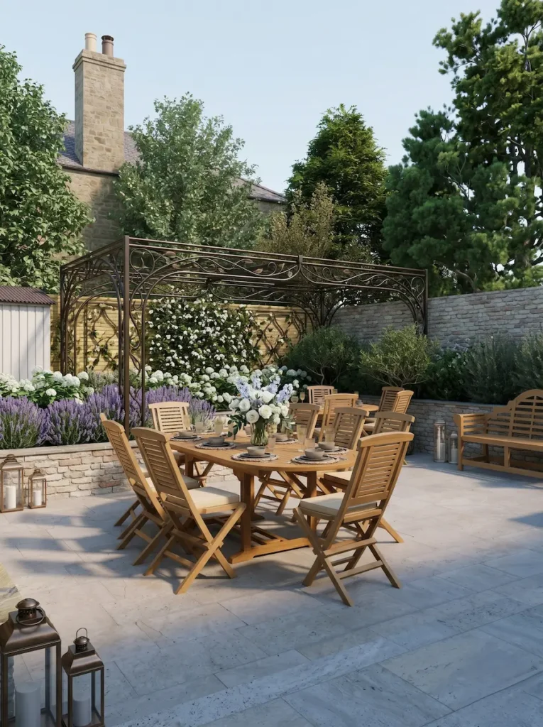 conjunto mesa comedor silla banco teca y pergola de forja | jardinesconestiloes Conjunto Mesa Comedor Silla Banco Teca Y Pergola De Forja Mobiliario De Teca En La Arquitectura Del Paisaje Exterior Todo Un Clásico