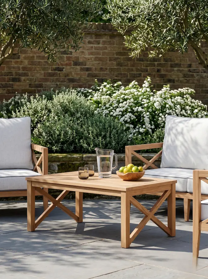 conjunto sillones y mesa baja teca rincón | jardinesconestiloes Conjunto Sillones Y Mesa Baja Teca Rincón Mobiliario De Teca En La Arquitectura Del Paisaje Exterior Todo Un Clásico