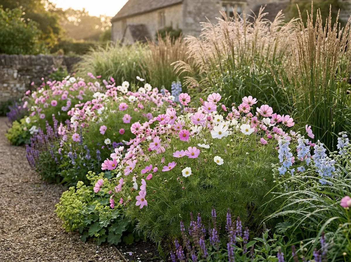 cosmos en macizo con gramímeas | jardinesconestiloes Cosmos En Macizo Con Gramímeas Cosmos