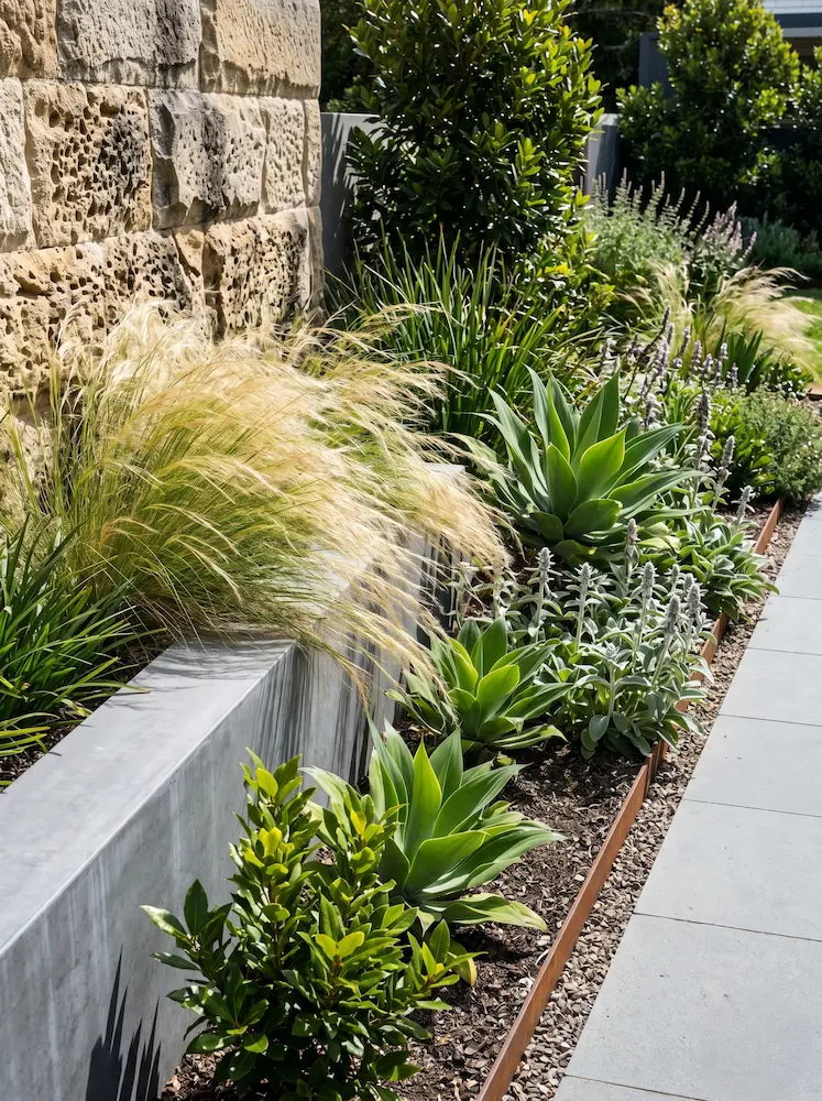 Detalle Hormigon Acero Corten Y Plantas Sostenibles Los Cinco Pilares Del Diseño En El Paisajismo Profesional Contemporáneo
