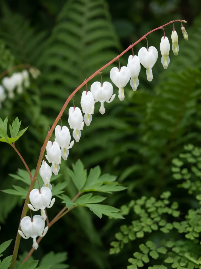 Primer plano de las flores en forma de corazón blanco de la Dicentra spectabilis 'Alba', destacando su geometría orgánica y pureza visual.