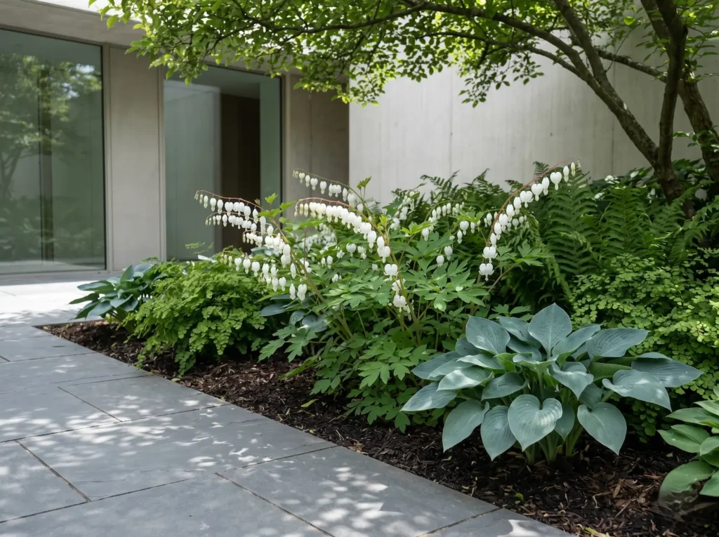 dicentra alba integrada en macizo de sombra | jardinesconestiloes Dicentra Alba Integrada En Macizo De Sombra Dicentra Blanca dicentra Spectabilis alba Arquitectura De Sombra'Alba' integrada entre helechos y hostas, mostrando un estándar profesional de diseño