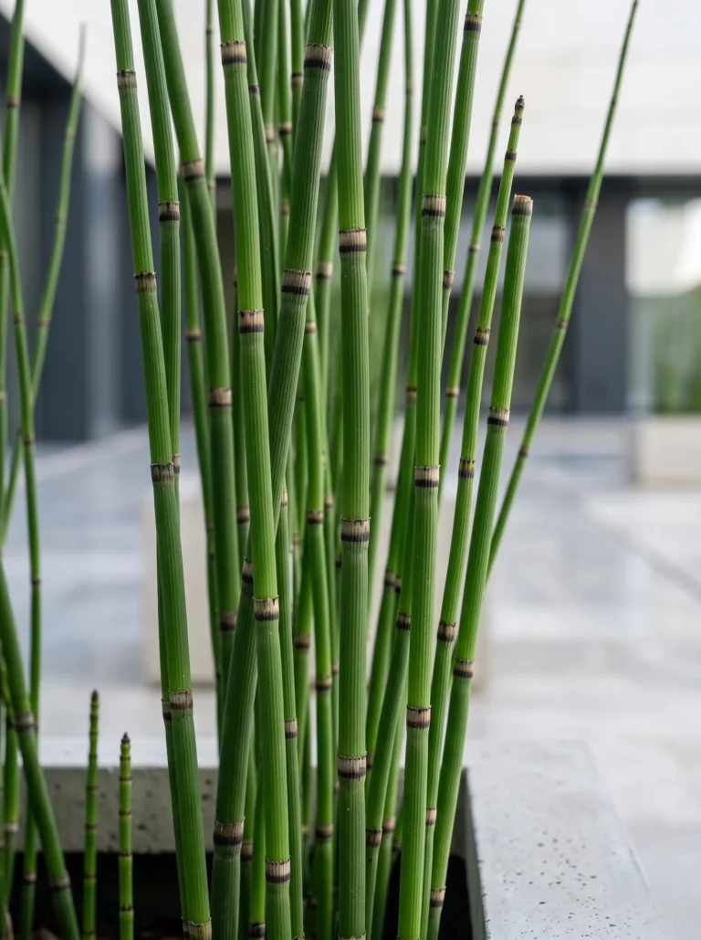 Primer plano fotográfico de los tallos cilíndricos, acanalados y de un verde intenso de la Cola de caballo (Equisetum hyemale), destacando sus marcados anillos oscuros.