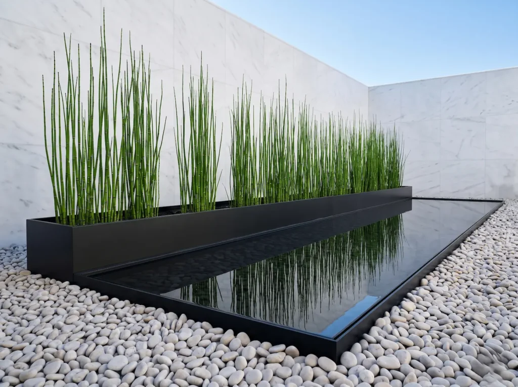Equisetum Hyemale En Jardinera Moderna Con Lamina De Agua Cola De Caballo equisetum Hyemale Verticalidad Y Excelencia Minimalista