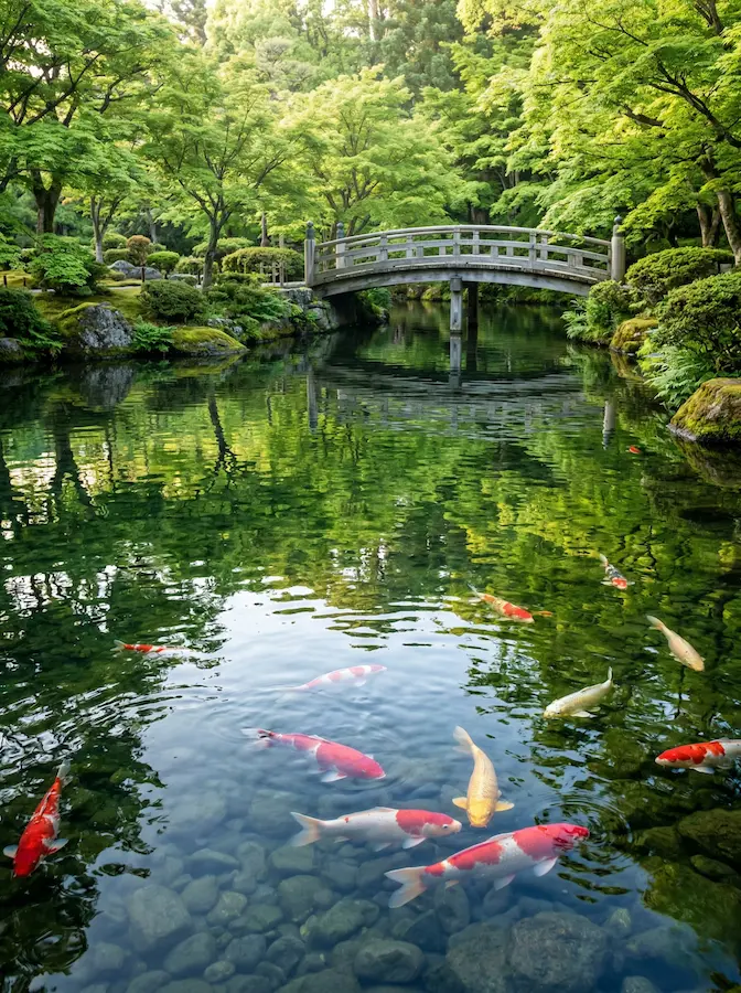 Estanque Japones Con Puente Al Fondo Piedra Agua Y Madera Elementos Fundamentales Del Jardín Japonés