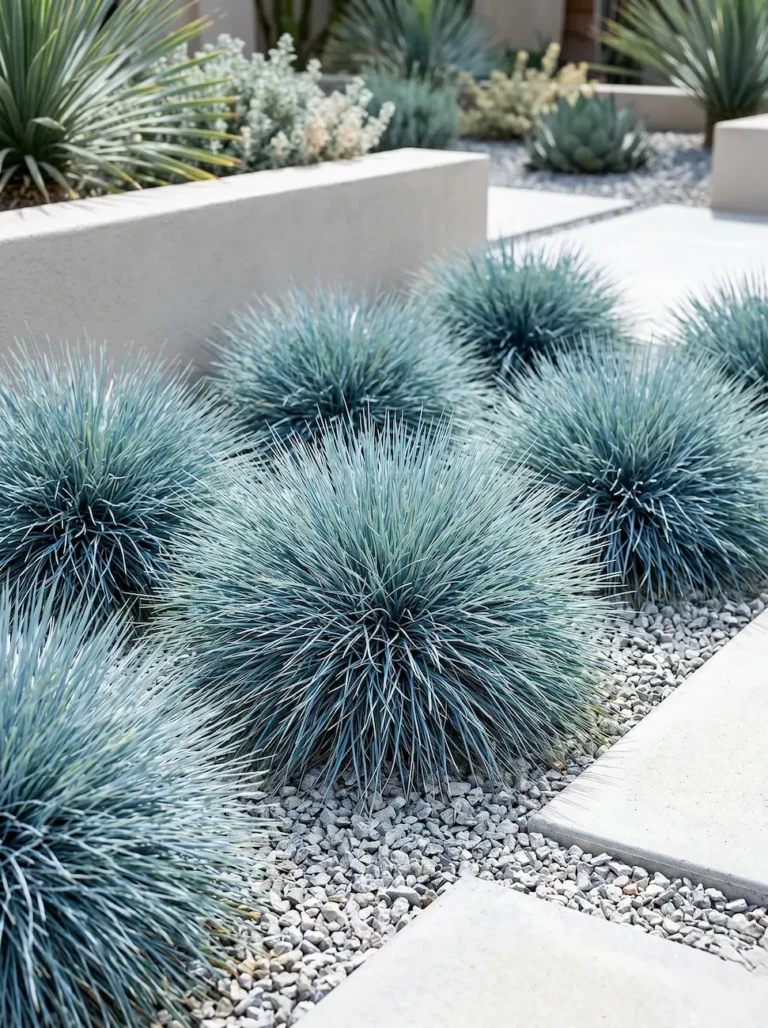 Primer plano fotográfico de las densas y finas acículas de color azul plateado de la Festuca azul (Festuca glauca), mostrando su perfecta forma esférica.