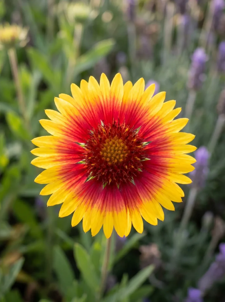 Primer plano de la inflorescencia radiante de la Gallardia (Gaillardia aristata), mostrando su gradiente del rojo intenso al amarillo brillante.