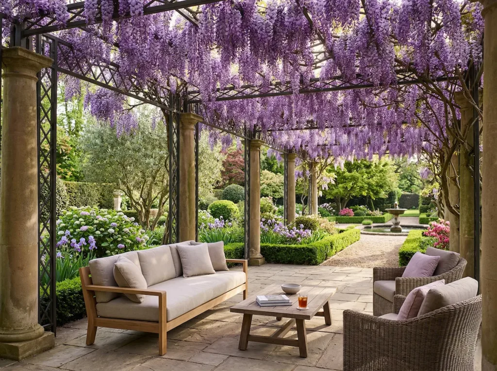glicinia sobre pérgola clásica mármol y forja | jardinesconestiloes Glicinia Sobre Pérgola Clásica Mármol Y Forja Glicinia Wisteria Sinensis