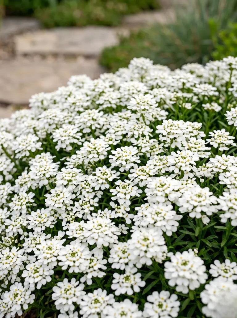 Primer plano de la floración blanca inmaculada del Iberis (Iberis sempervirens) sobre su follaje verde oscuro perenne.