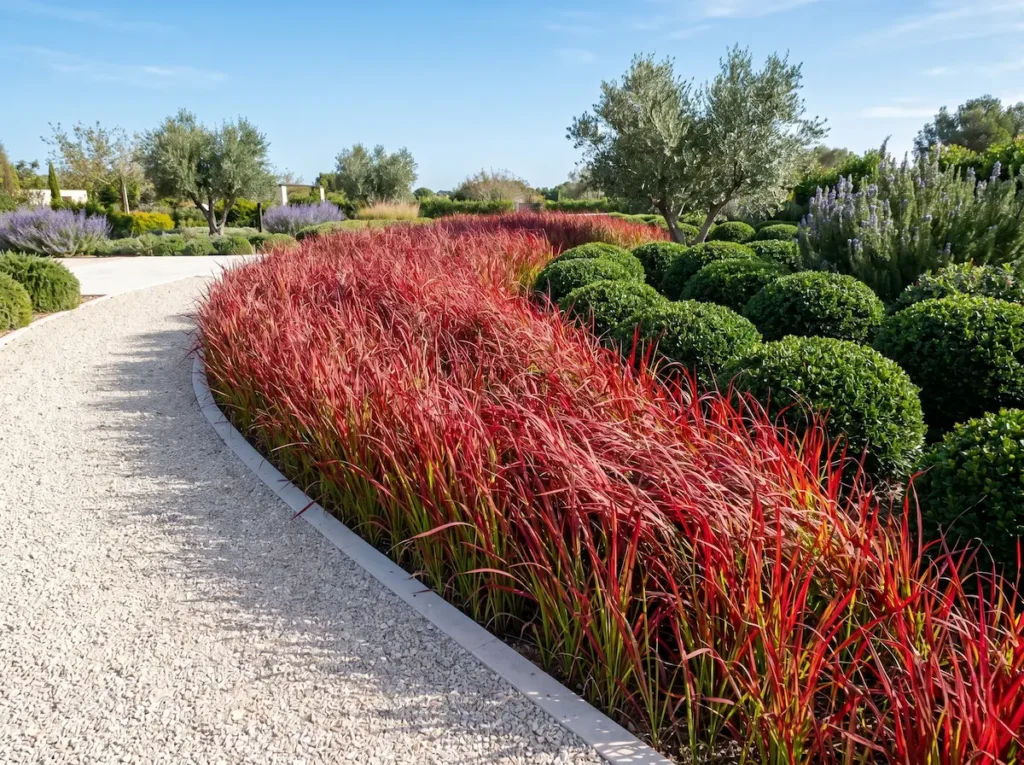 imperata cylindrica en jardín | jardinesconestiloes Imperata Cylindrica En Jardín Hierba De Sangre imperata Cylindrica red Baron Cromatismo Y Excelencia Visual'Red Baron') aportando un estallido de color en un jardín contemporáneo junto a un sendero de piedra caliza pálida.