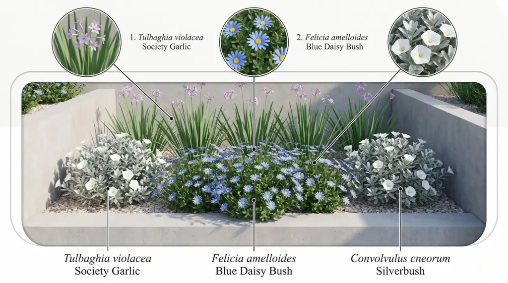 infografía de agatea con thulbalgia y convulvus | jardinesconestiloes Infografía De Agatea Con Thulbalgia Y Convulvus Margarita Azul felicia Amelloides Cromaticidad Y Rigor En El Paisaje
