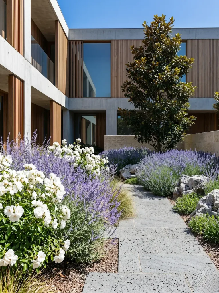 Jardín Con Color Chalet Moderno Con Madera Ventilada Los Cinco Pilares Del Diseño En El Paisajismo Profesional Contemporáneo