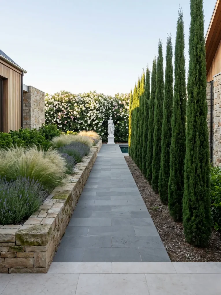 Jardín Con Orden Cipreses Sseto Adelfa Escultura Clásica Y Arriate Con Gramíneas Los Cinco Pilares Del Diseño En El Paisajismo Profesional Contemporáneo