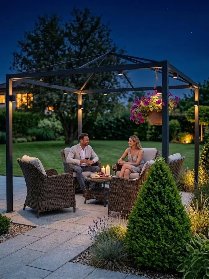 Jardín Con Pradera Y Gazebo Con Sillones De Fibra Nocturno Luz Y Sombra El Arte De Vivir Tu Jardín En Cada Momento Del Día