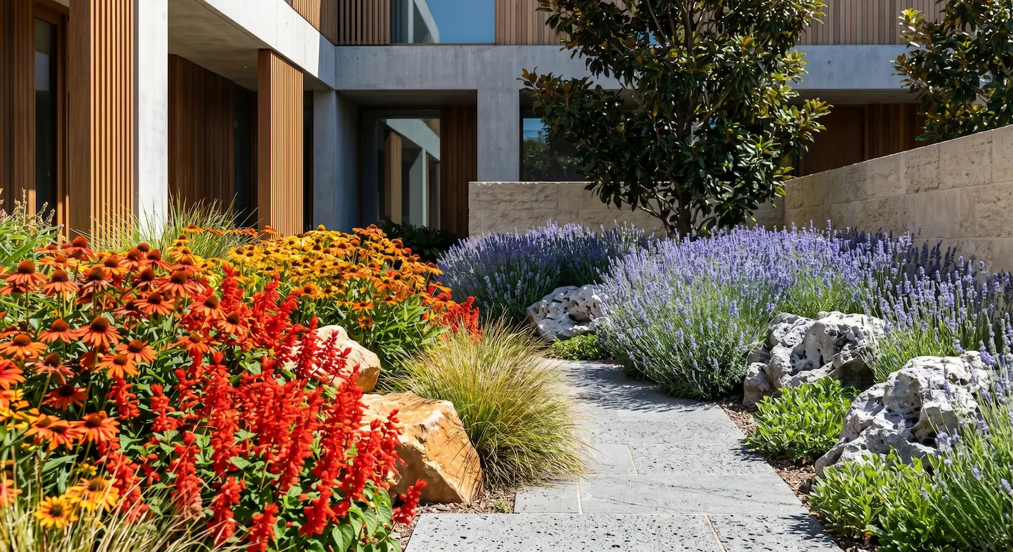 Jardín Interior Con Planta Sostenible Mediterránea Los Cinco Pilares Del Diseño En El Paisajismo Profesional Contemporáneo