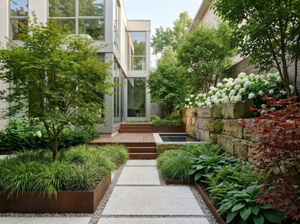 Jardín Interior Urbano Con Zonas De Sombra Y Distintos Elementos Los Cinco Pilares Del Diseño En El Paisajismo Profesional Contemporáneo