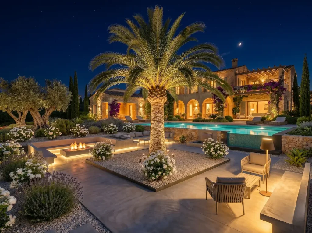Jardín Mediterraneo Con Phoenix Canariensis Nocturno Phoenix Canariensis La Columna Vertebral Que Acaricia El Viento