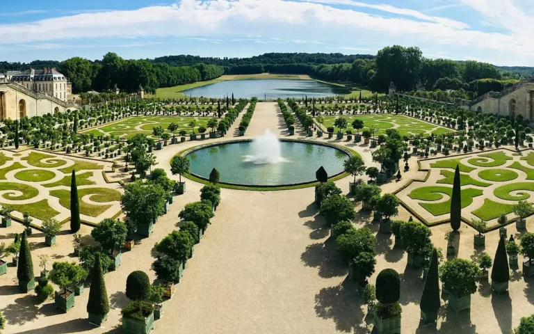 Vista general de jardines de versalles con parterres geométricos