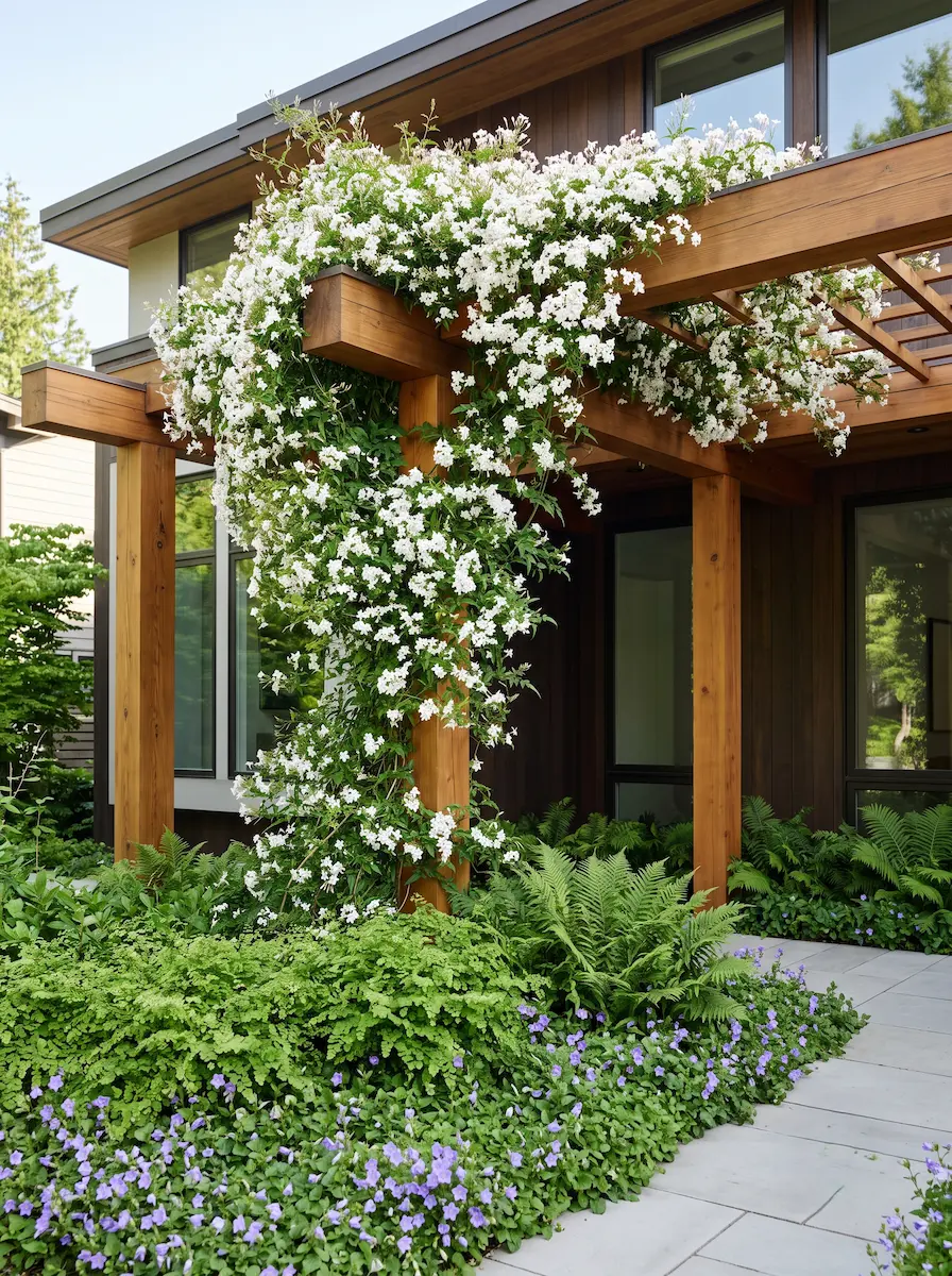 jazmin trepador en pergola adosada | jardinesconestiloes Jazmin Trepador En Pergola Adosada Diseño De Fachadas Vegetales Trepadoras Para El Control Térmico Y Volumétrico