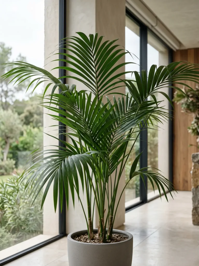 Primer plano fotográfico de los frondes pinnados y los tallos esbeltos de la Palmera Kentia (Howea forsteriana), mostrando su textura verde oscura impecable.
