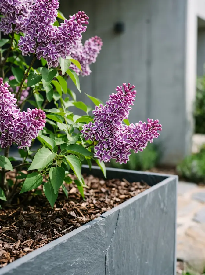 Syringa vulgaris 'Sensation', con sus flores de un profundo púrpura ribeteadas en un blanco matemático