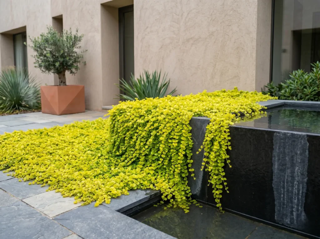 lisimaquia en jardinera | jardinesconestiloes Lisimaquia En Jardinera El Reflejo Solar En El Suelo Lysimachia Nummularia aurea'Aurea' tapizando el borde de una lámina de agua contemporánea con pavimentos de granito gris.