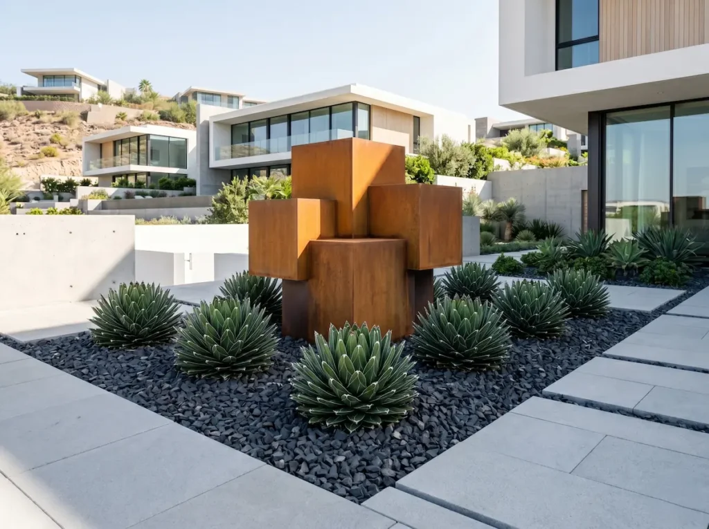 macizo con agave reina victoria y escultura en corten | jardinesconestiloes Macizo Con Agave Reina Victoria Y Escultura En Corten Agave Victoria Reginae La Geometría De Sangre Azul
