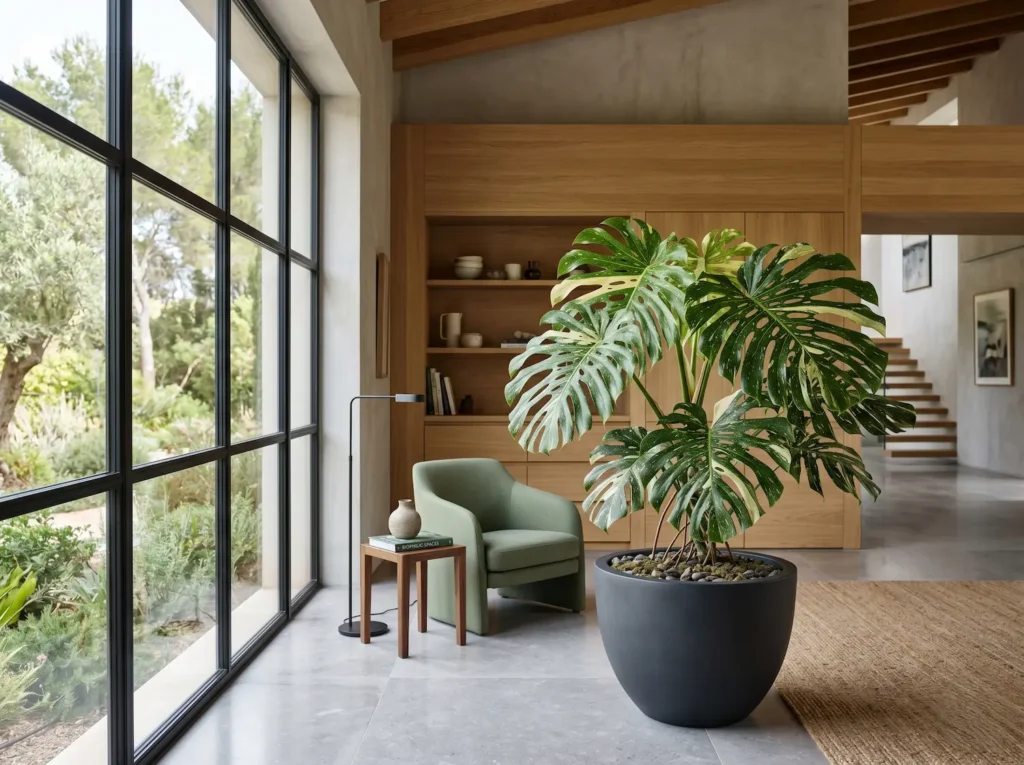 Monstera Thai Constellation En Salón Monstera thai Constellation monstera Deliciosa Excelencia Variegada En Interiores'Thai Constellation' aportando volumen escultural en un salón de estética contemporánea con maderas naturales y luz tamizada.
