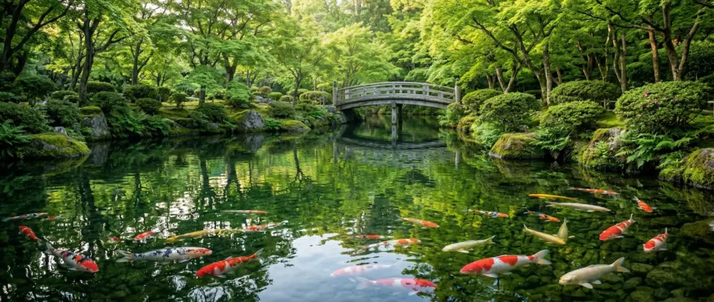 panoramica estanque japones con puente bosque de arces | jardinesconestiloes Panoramica Estanque Japones Con Puente Bosque De Arces Piedra Agua Y Madera Elementos Fundamentales Del Jardín Japonés